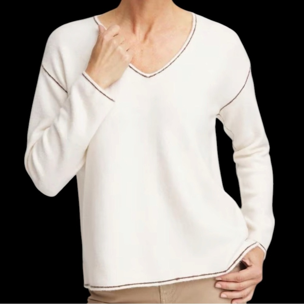 Chicos Contrast Sweater Top Ivory Cream Sz 0 /Small V-Neck Wool Blend Stretch